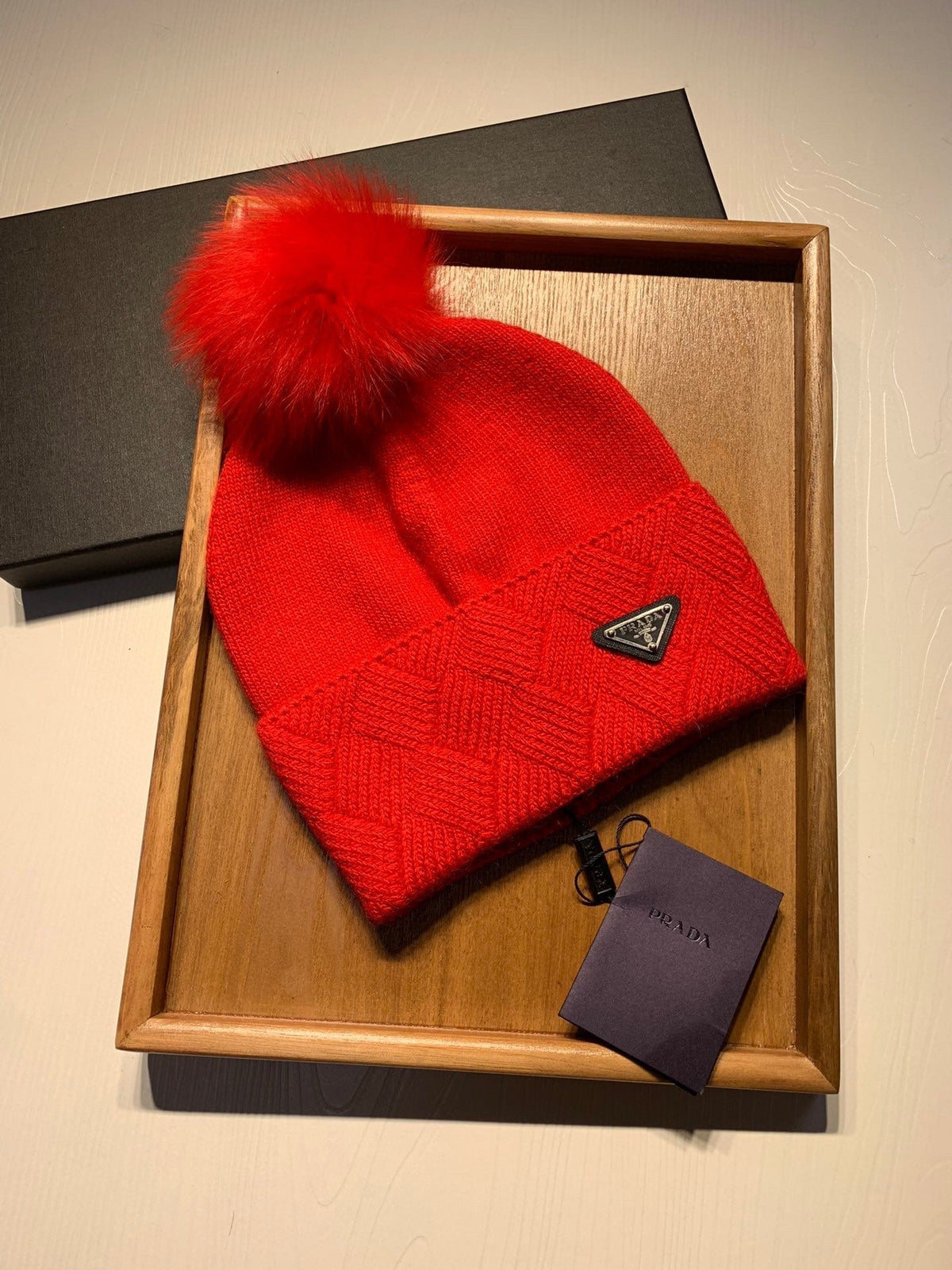 BEANIE HAT IN CHERRY RED WOOL AND RABBIT FUR 361436