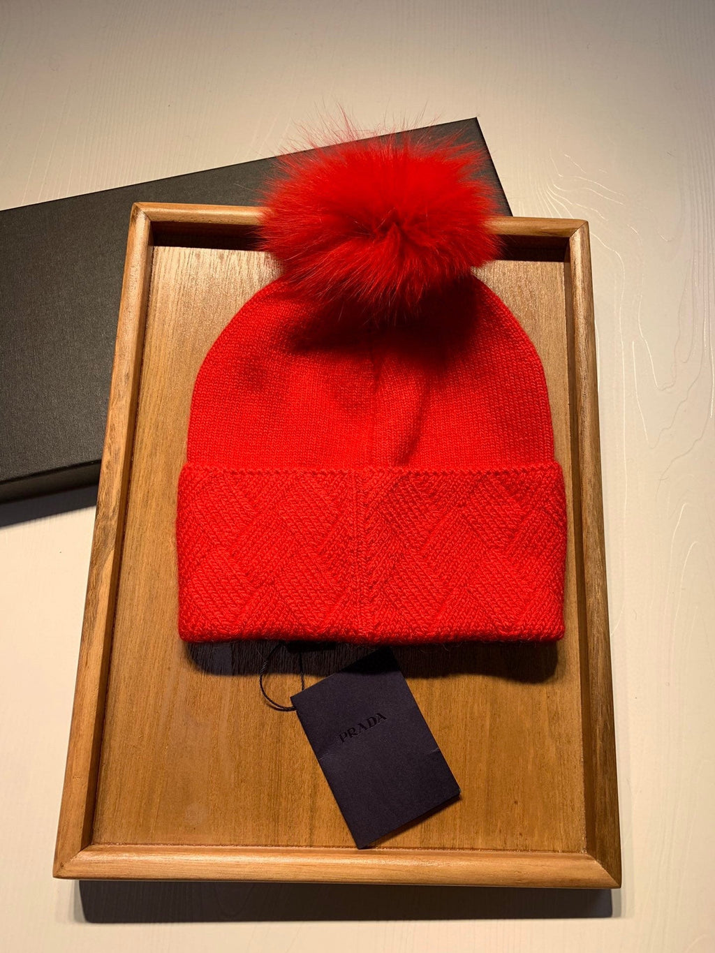 BEANIE HAT IN CHERRY RED WOOL AND RABBIT FUR 361436