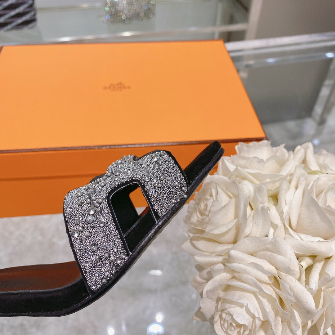 PREMIERE 70 SANDAL IN BLACK SUEDE WITH WHITE CRYSTALS