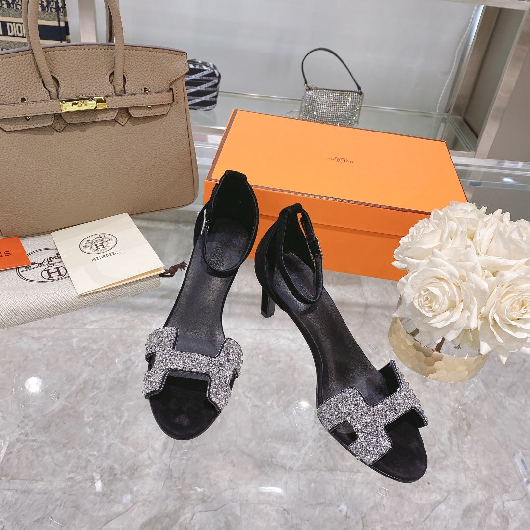 PREMIERE 70 SANDAL IN BLACK SUEDE WITH WHITE CRYSTALS