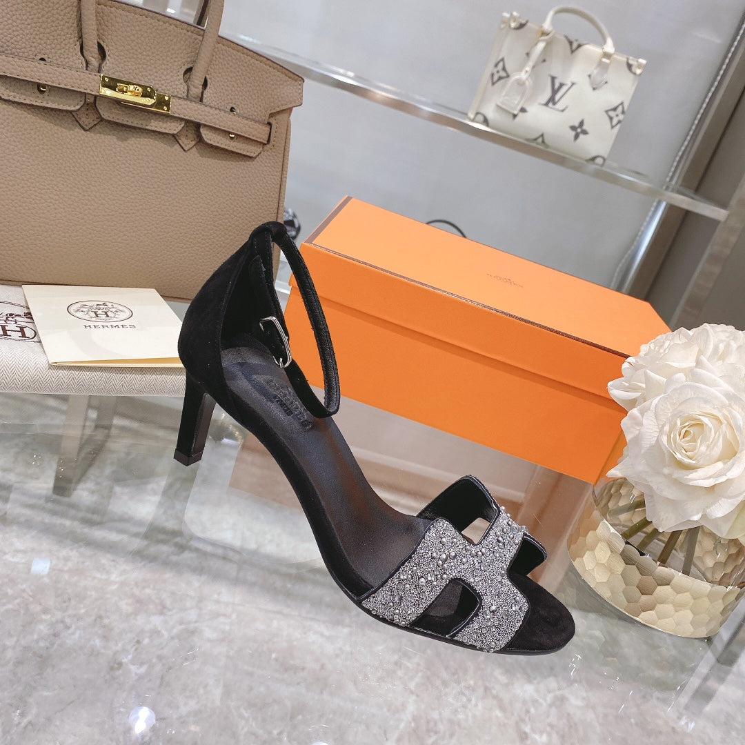 PREMIERE 70 SANDAL IN BLACK SUEDE WITH WHITE CRYSTALS