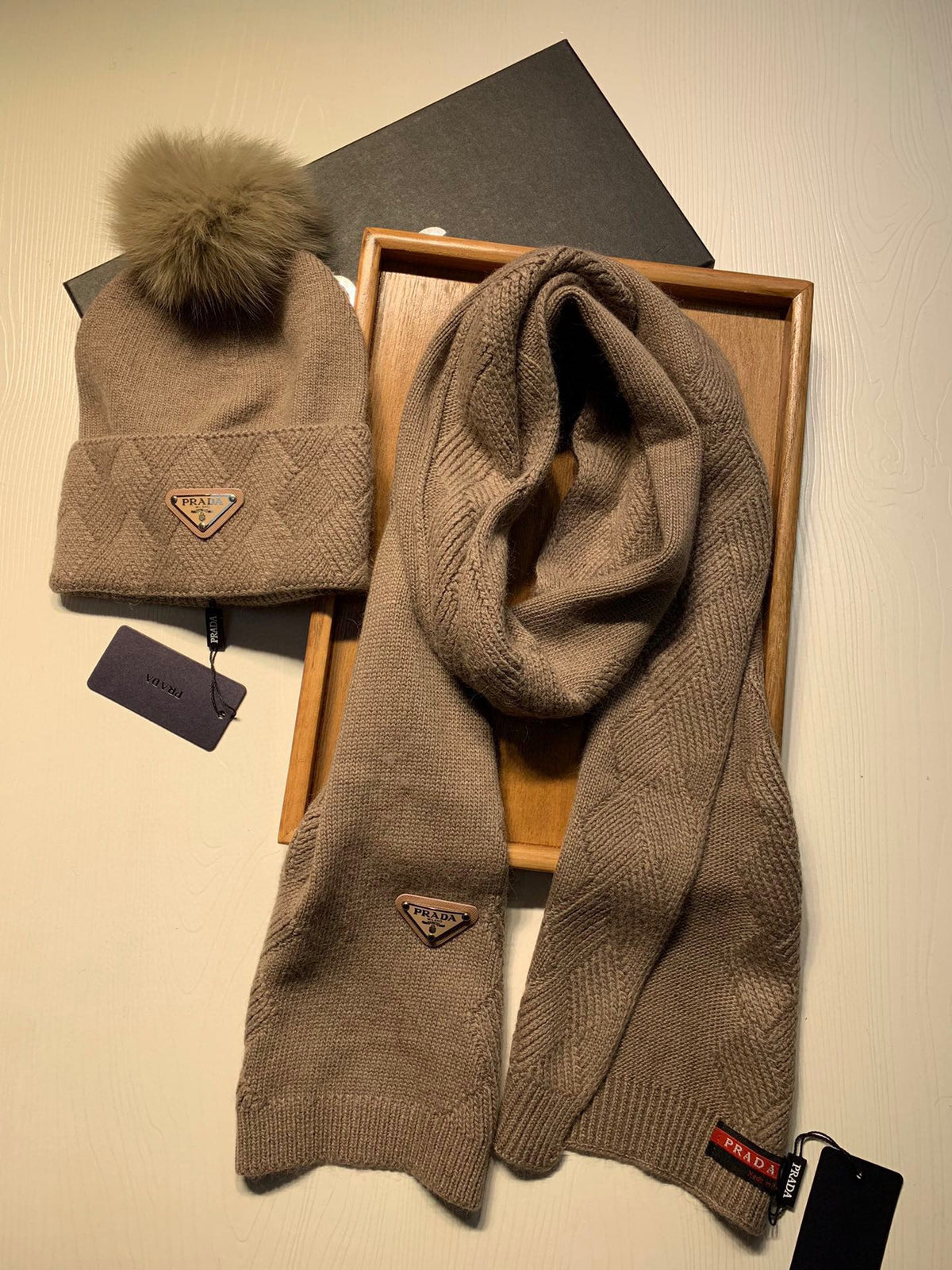 SET SCARF AND HAT IN MEDIUM BROWN WOOL AND RABBIT FUR 416364