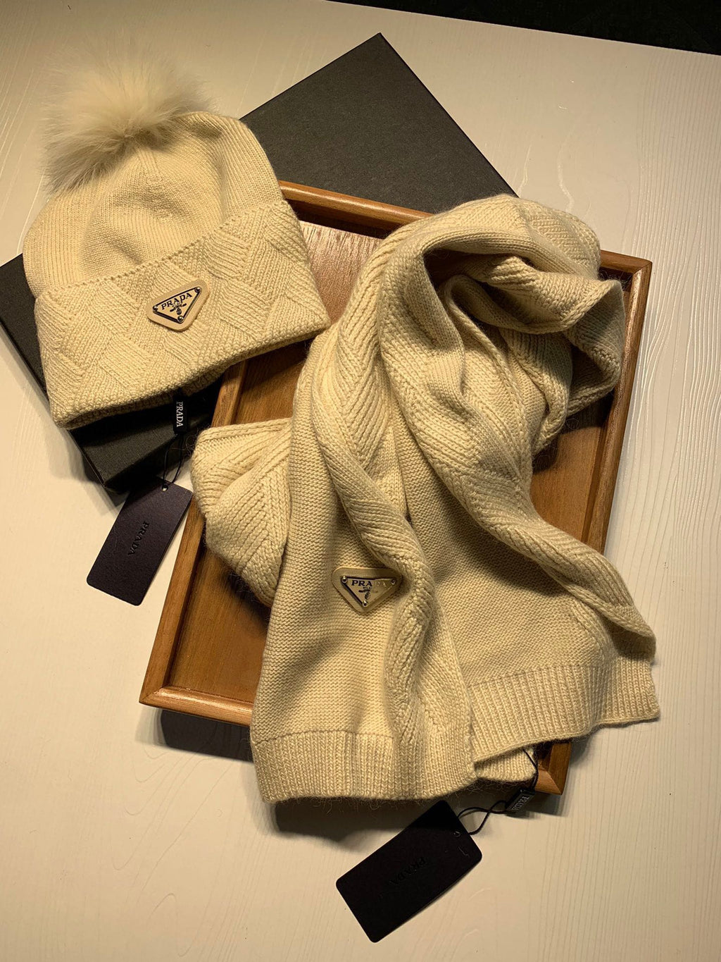 SET SCARF AND HAT IN BISQUE BEIGE WOOL AND RABBIT FUR 416365