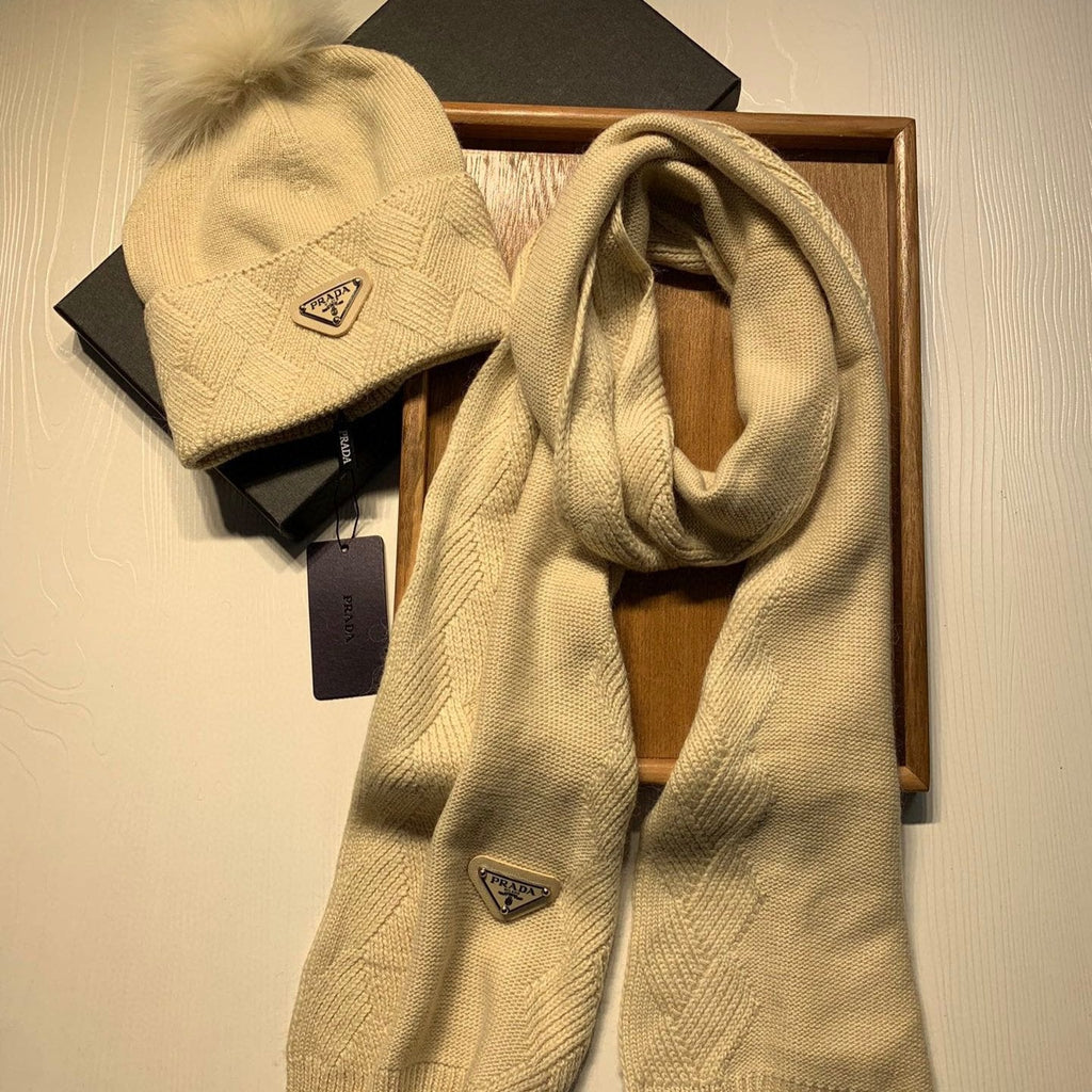 SET SCARF AND HAT IN BISQUE BEIGE WOOL AND RABBIT FUR 416365