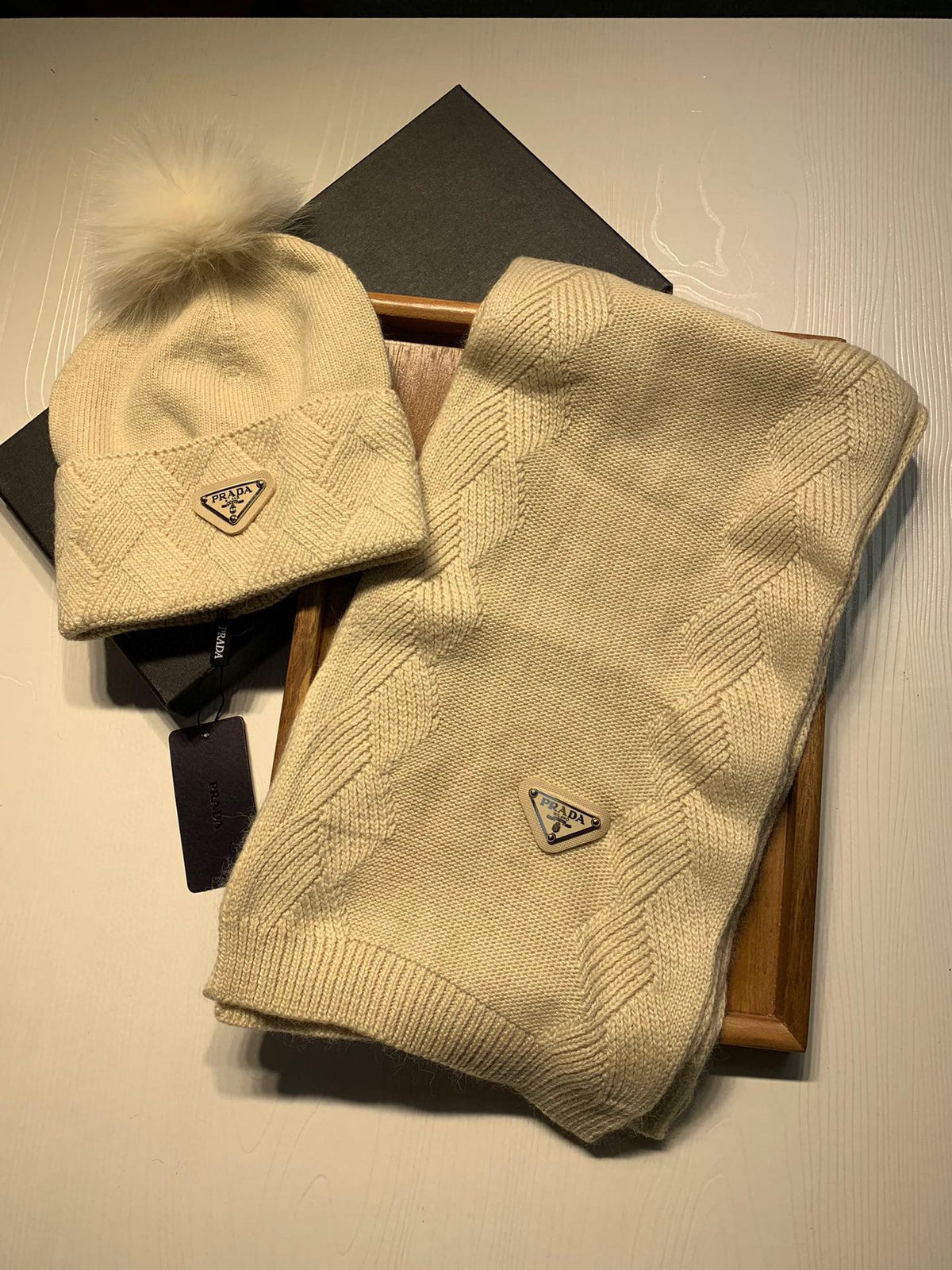 SET SCARF AND HAT IN BISQUE BEIGE WOOL AND RABBIT FUR 416365