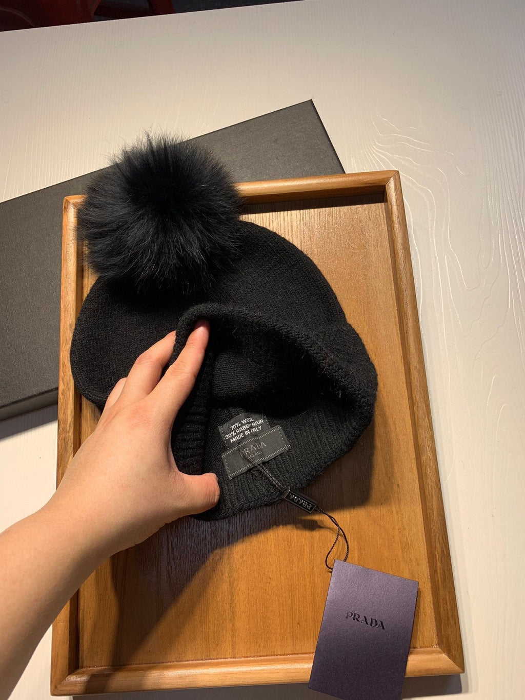 BEANIE HAT IN BLACK WOOL AND RABBIT FUR 361438