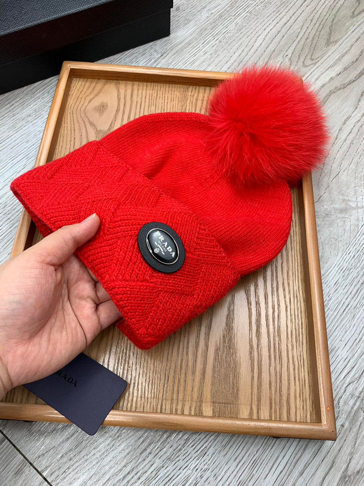 BEANIE HAT IN CHERRY RED WOOL AND RABBIT FUR 346718