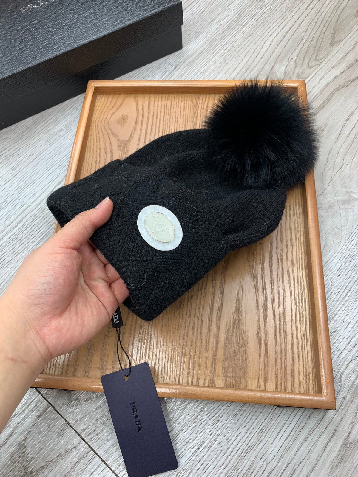BEANIE HAT IN BLACK WOOL AND RABBIT FUR 346717