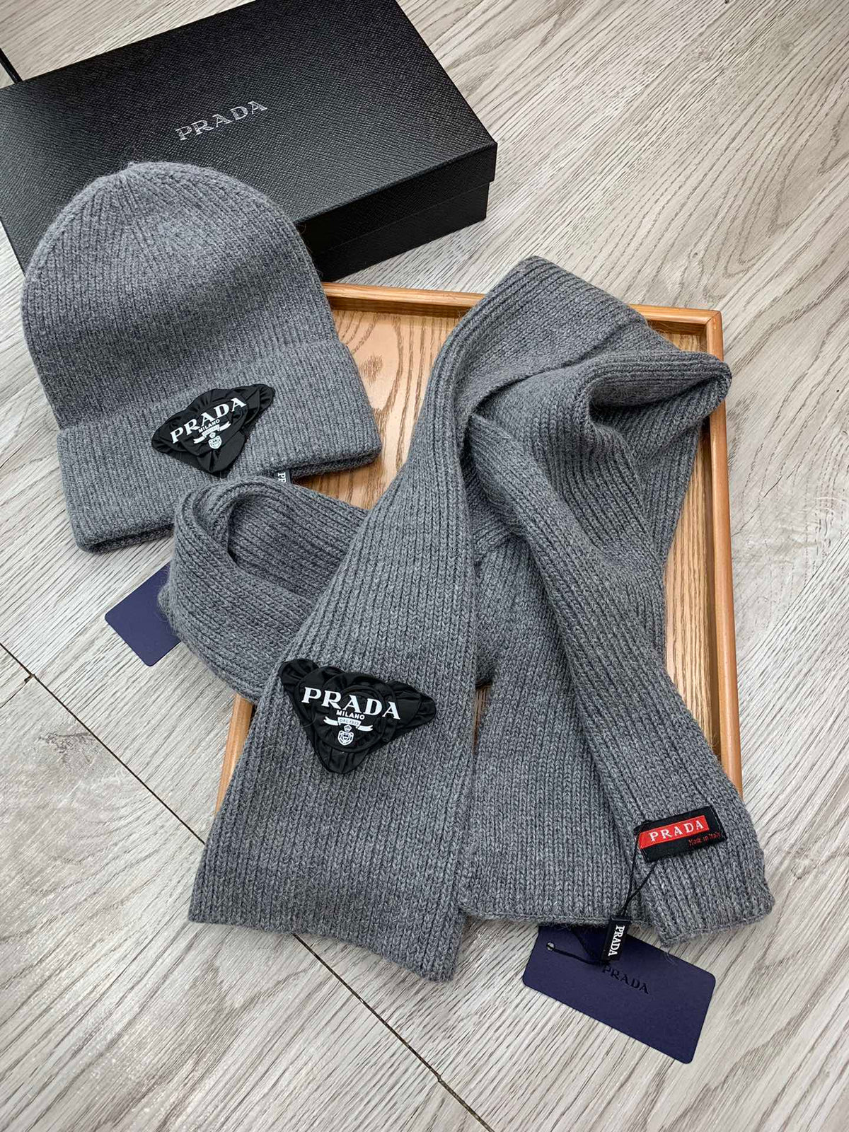 SET SCARF AND HAT IN MOUSE GRAY WOOL AND RABBIT FUR 386078
