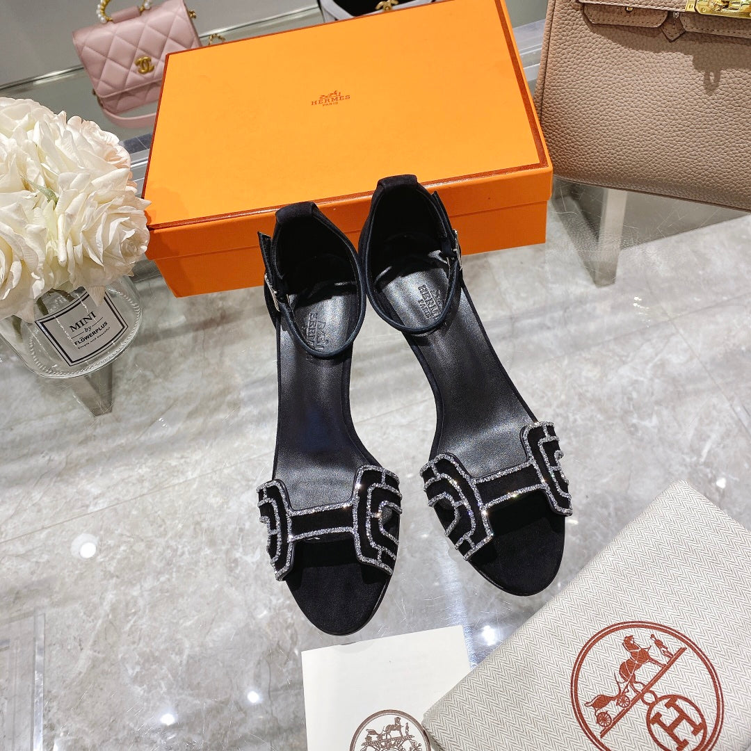 PREMIERE 70 SANDAL IN BLACK SUEDE WITH RHINSTONES
