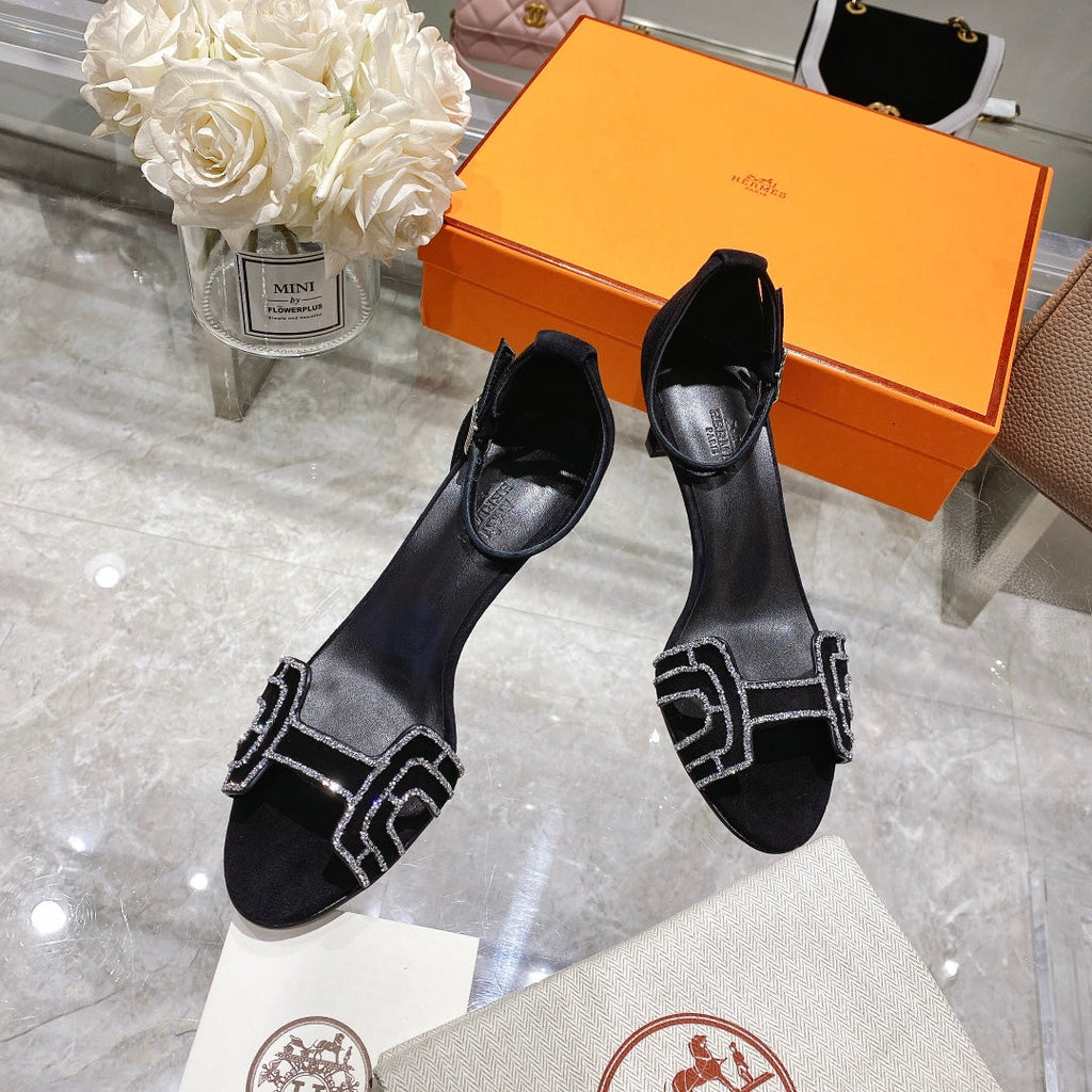 PREMIERE 70 SANDAL IN BLACK SUEDE WITH RHINSTONES