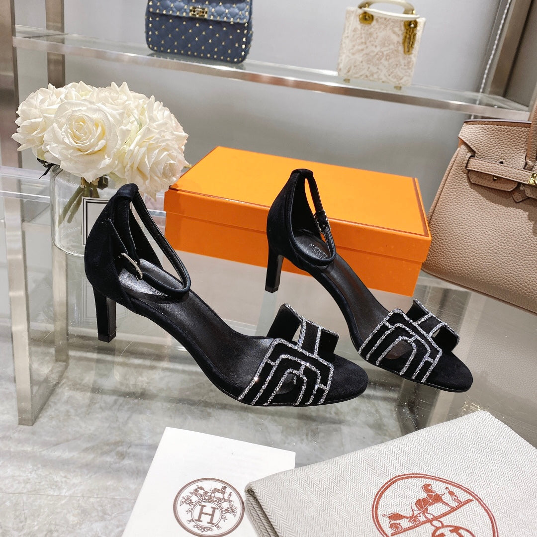PREMIERE 70 SANDAL IN BLACK SUEDE WITH RHINSTONES