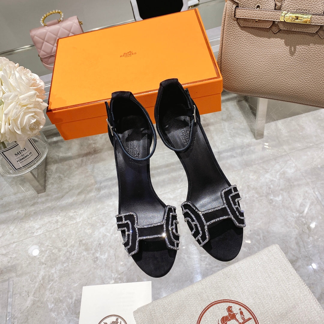 PREMIERE 90 SANDAL IN BLACK SUEDE WITH RHINSTONES