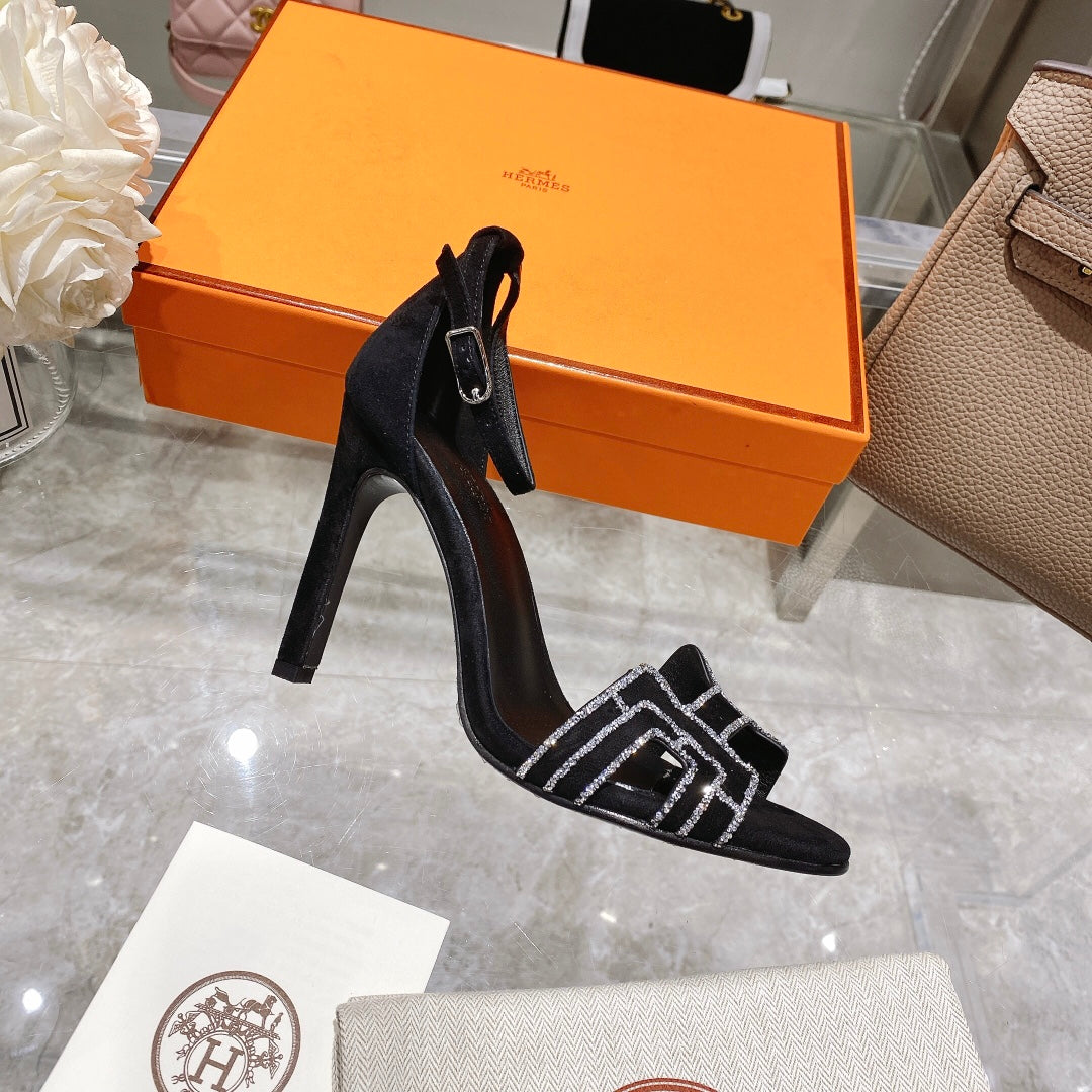 PREMIERE 105 SANDAL IN BLACK SUEDE WITH RHINSTONES