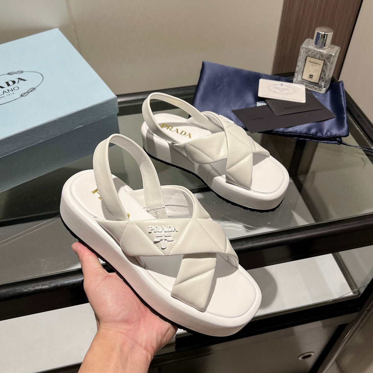 PRA PADDED CRISSCROSS SANDALS WHITE LAMBSKIN