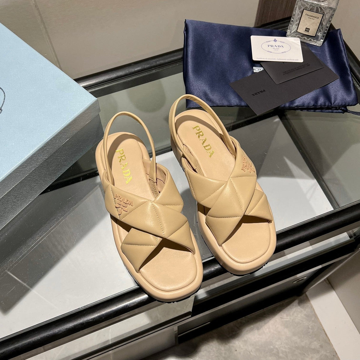PRA PADDED CRISSCROSS SANDALS BEIGE LAMBSKIN