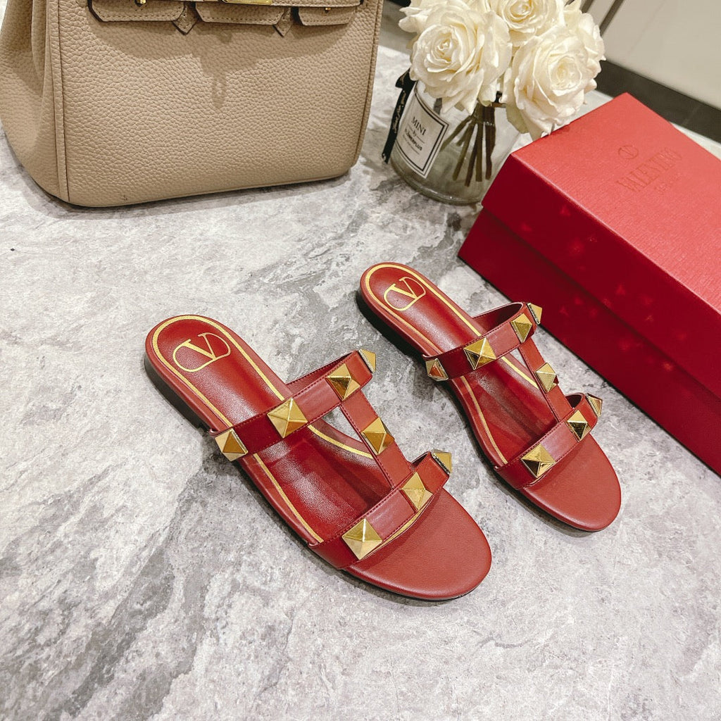 ROMAN STUD CHERRY RED CALFSKIN FLAT SLIDE SANDAL 25 MM