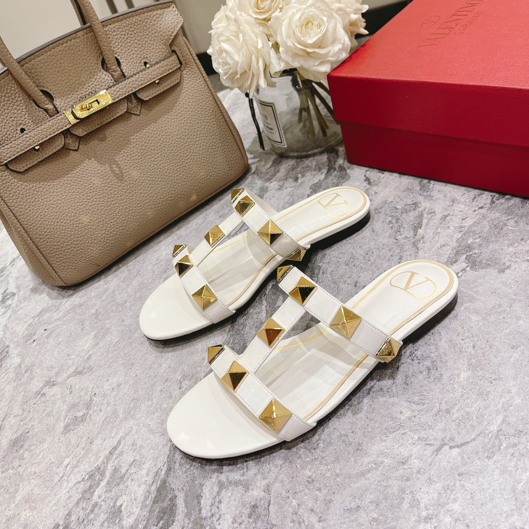 ROMAN STUD WHITE CALFSKIN FLAT SLIDE SANDAL 25 MM