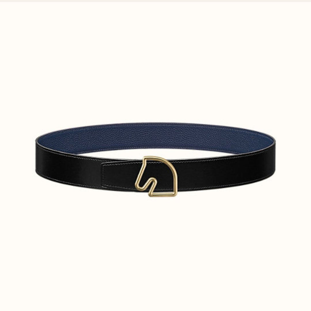BOUCLE BELT BUCKLE & REVERSIBLE NAVY BLUE AND BLACK AND WHITE LEATHER STRAP 38MM GOLD HARDWARE