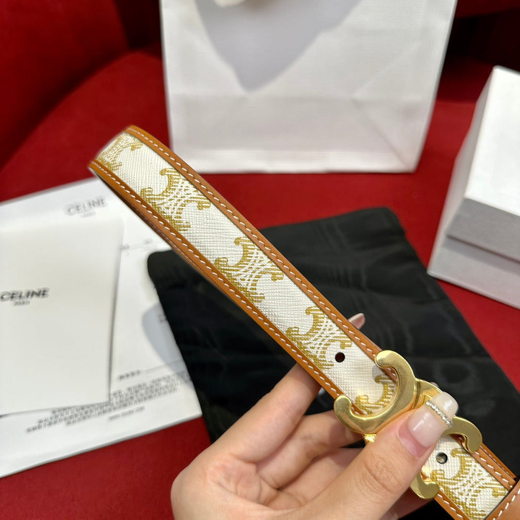 BELT 25MM IN WHITE AND BROWN CALFSKIN WITH LOGO PRINT AND GOLD BUCKLE