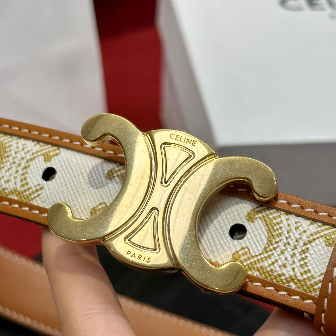BELT 25MM IN WHITE AND BROWN CALFSKIN WITH LOGO PRINT AND GOLD BUCKLE