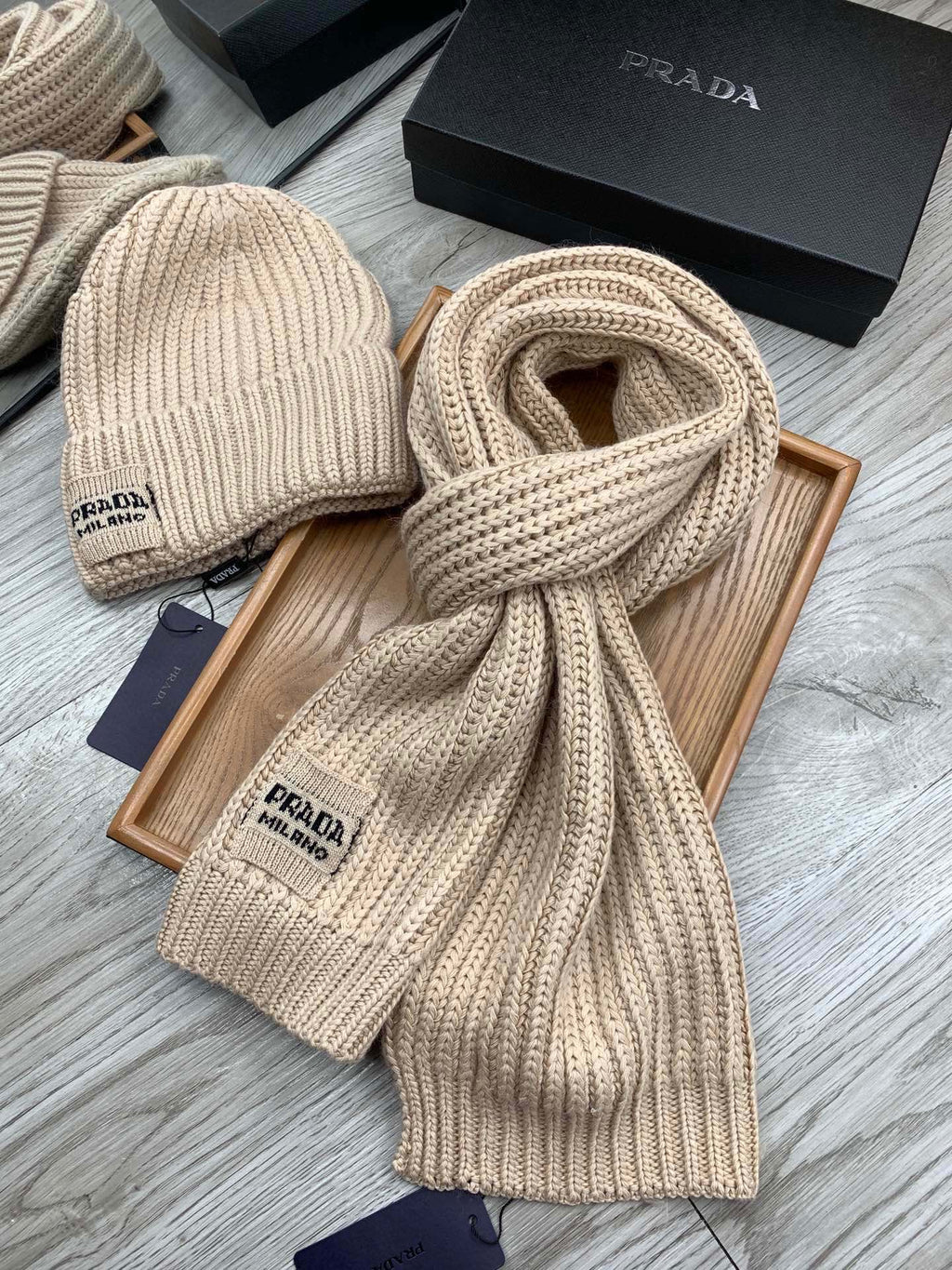 SET SCARF AND HAT IN SAND BROWN WOOL AND RABBIT FUR 388990