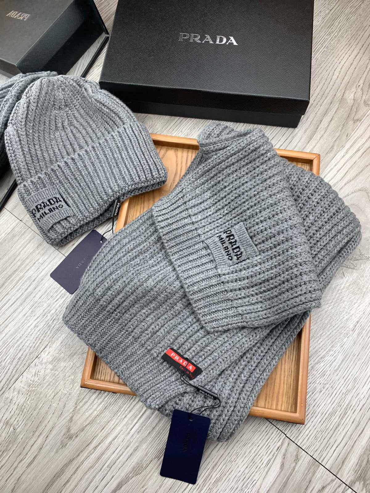 SET SCARF AND HAT IN DOVE GRAY WOOL AND RABBIT FUR 388993