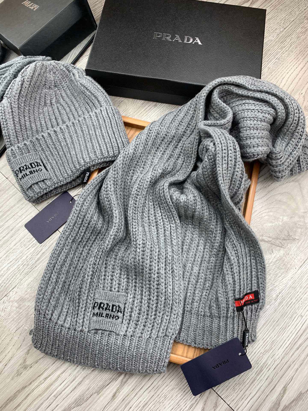 SET SCARF AND HAT IN DOVE GRAY WOOL AND RABBIT FUR 388993