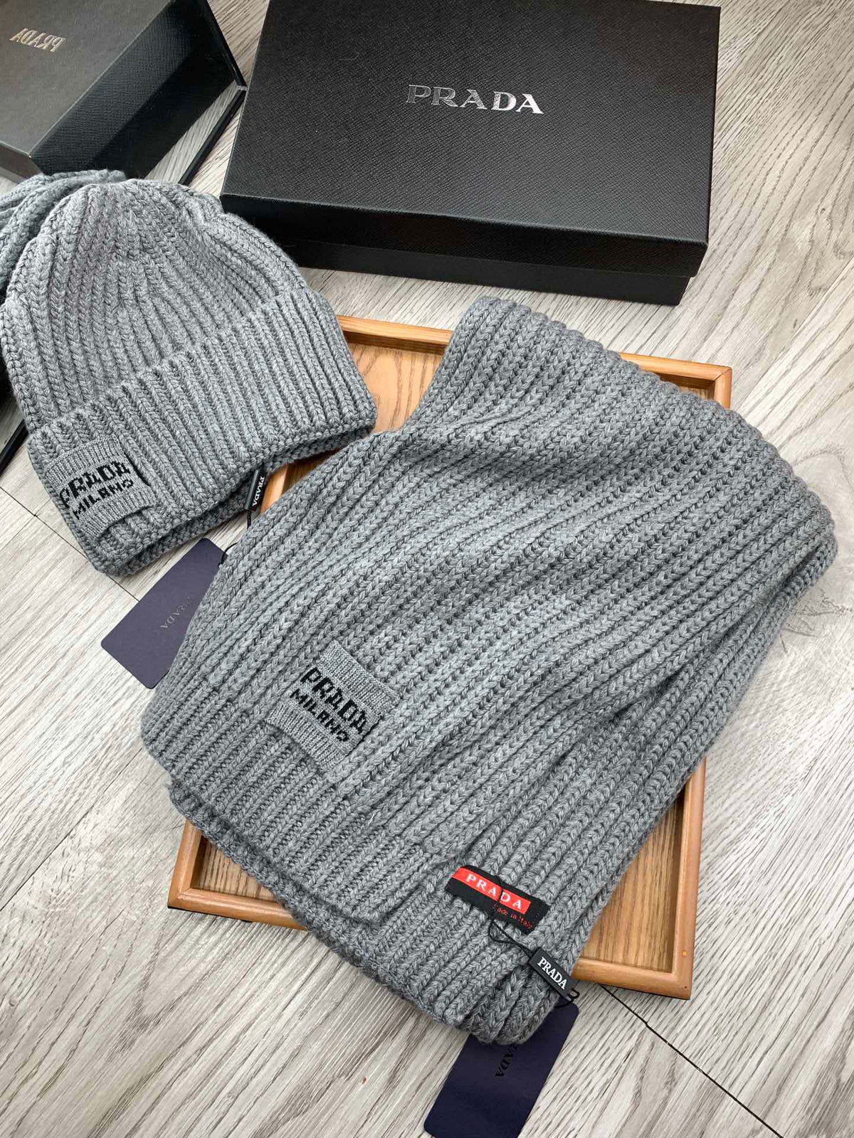 SET SCARF AND HAT IN DOVE GRAY WOOL AND RABBIT FUR 388993