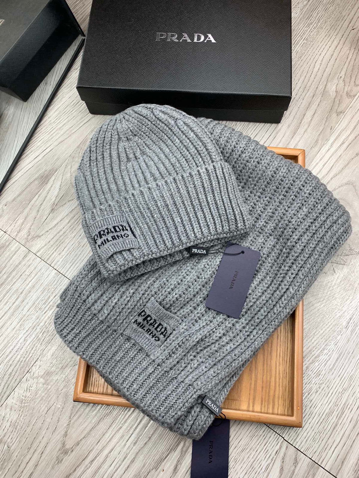 SET SCARF AND HAT IN DOVE GRAY WOOL AND RABBIT FUR 388993