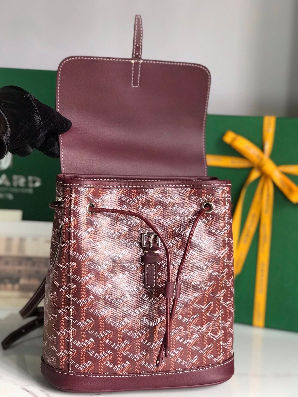 ALPIN MINI BACKPACK 21 IN WINE RED LAMBSKIN AND GOYARDINE CANVAS