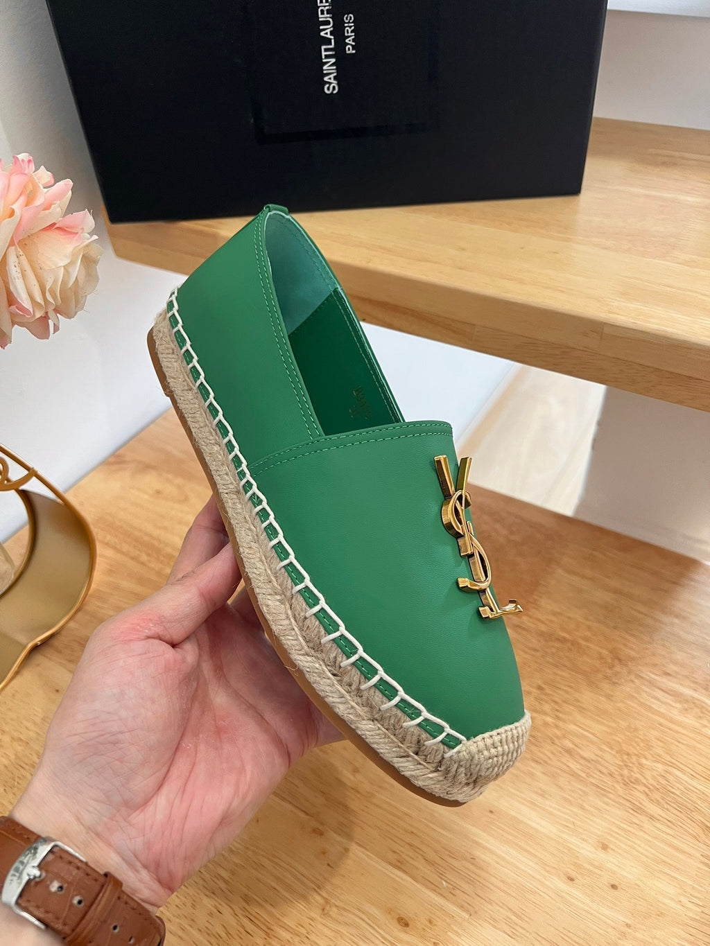 SL YVES LOGO SLIP ON DARK GREEN CALFSKIN