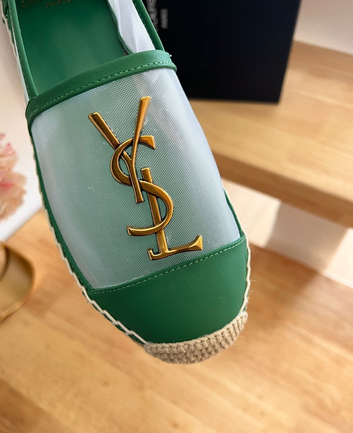 SL YVES LOGO SLIP ON DARK GREEN CALFSKIN AND MESH