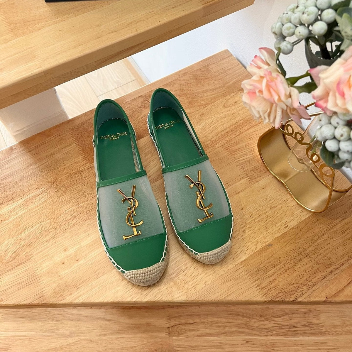 SL YVES LOGO SLIP ON DARK GREEN CALFSKIN AND MESH