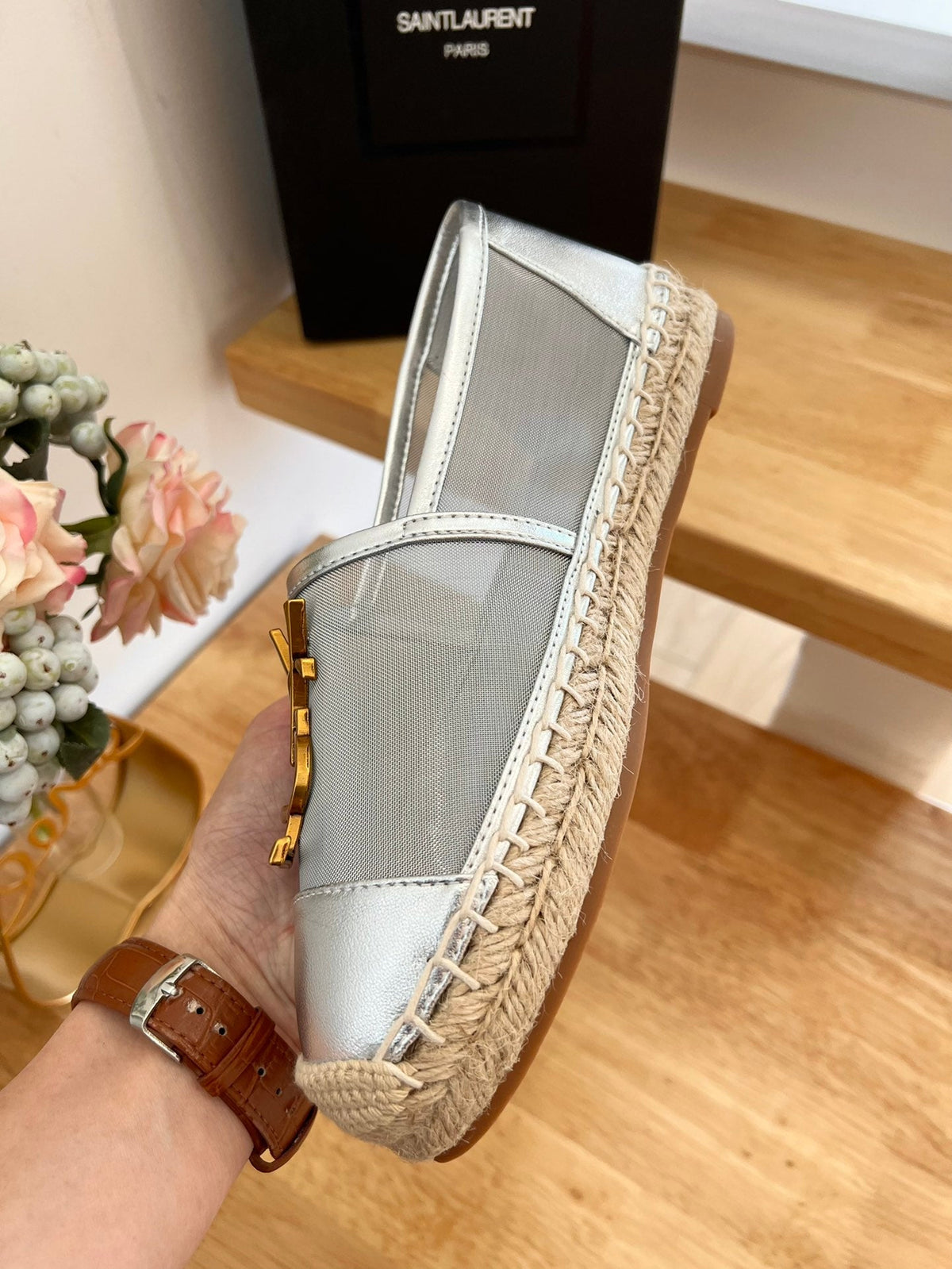 SL YVES LOGO SLIP ON SILVER CALFSKIN AND MESH