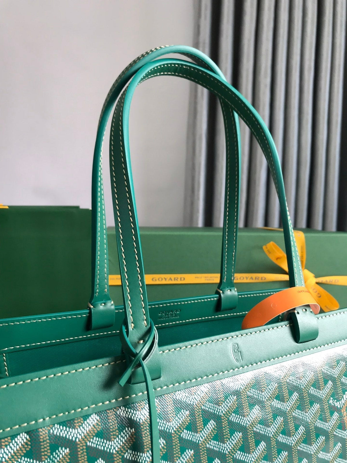 BELLECHASSE BIAUDE PM BAG 36 IN GREEN GOYARDINE CANVAS AND CALFSKIN TRIM