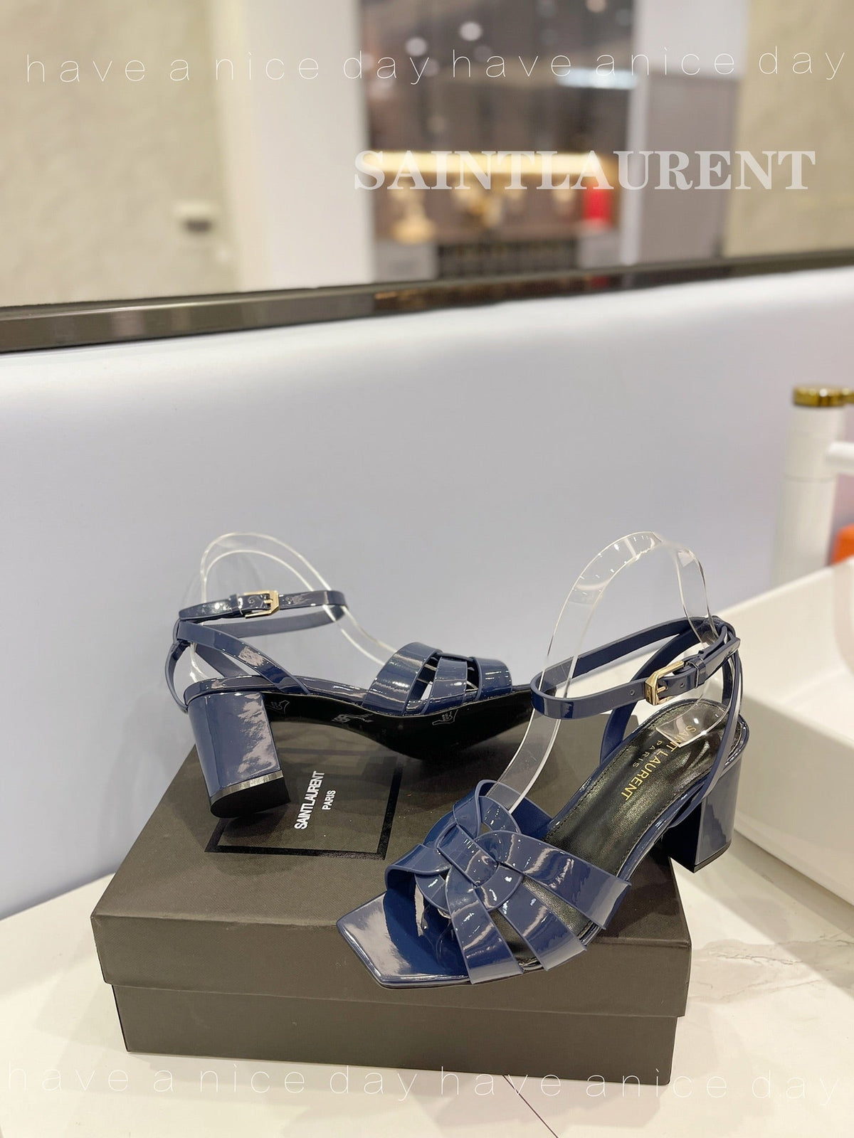 SL TRIBUTE SANDAL GLOSSY NAVY CALFSKIN
