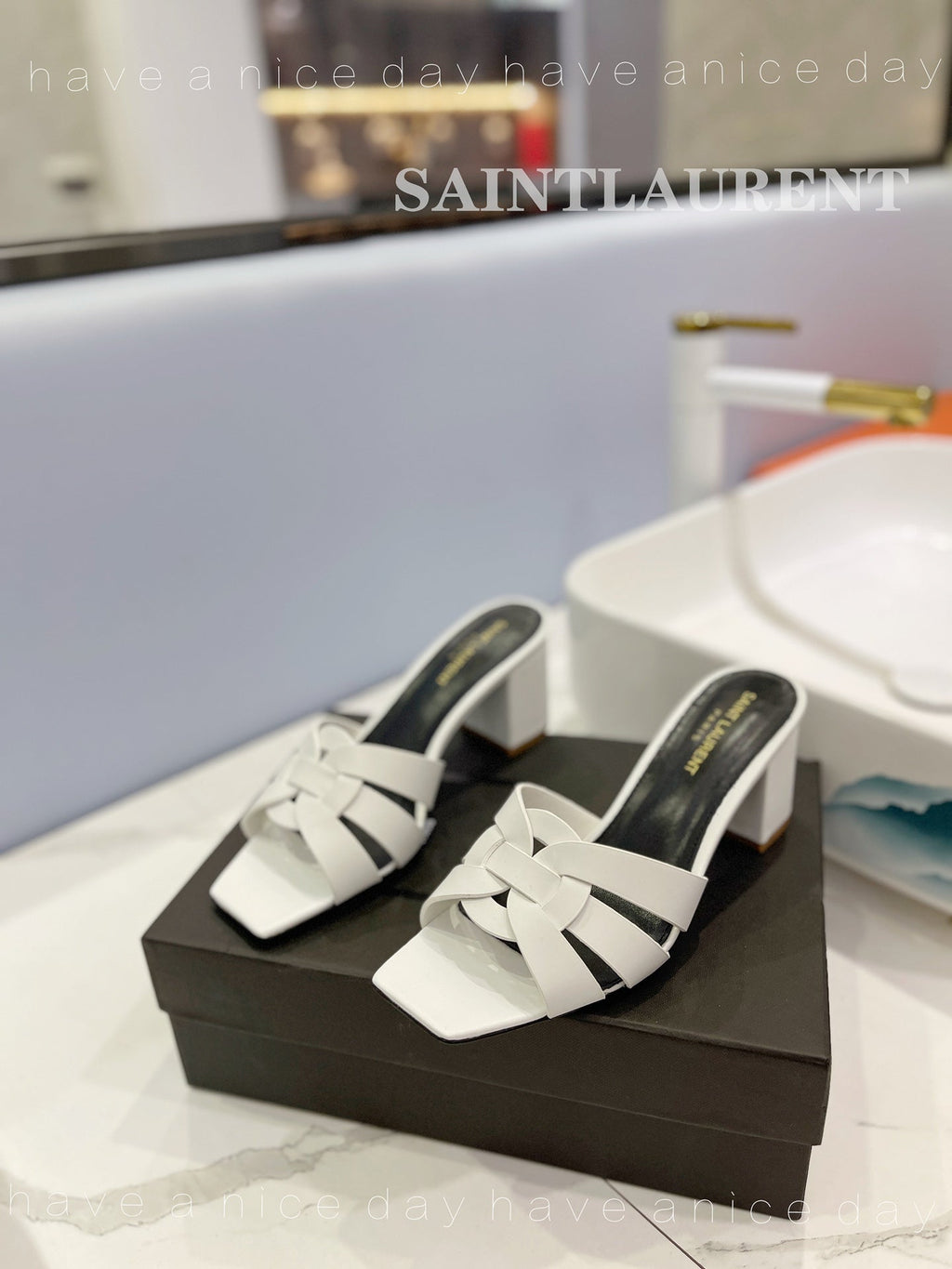SL TRIBUTE MULES WHITE CALFSKIN