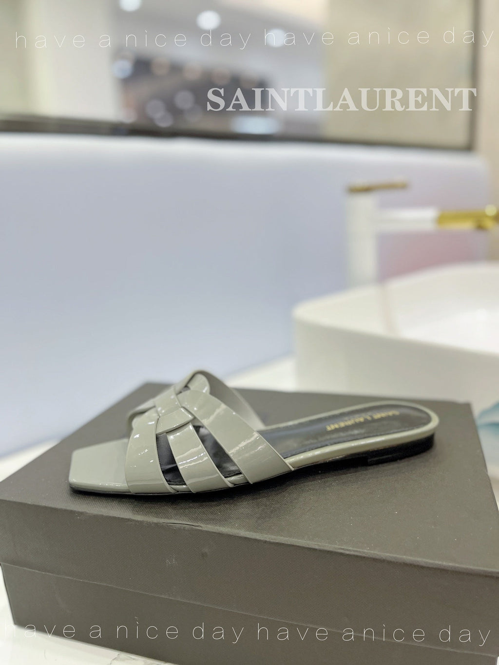 SL TRIBUTE SLIPPERS GLOSSY SAGE CALFSKIN