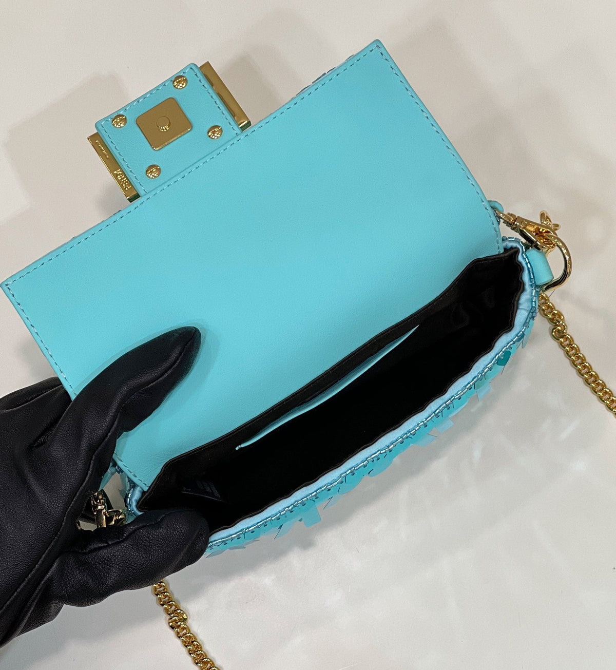 BAGUETTE MINI 19 IN BRIGHT TURQUOISE SEQUINS GOLD HARDWARE