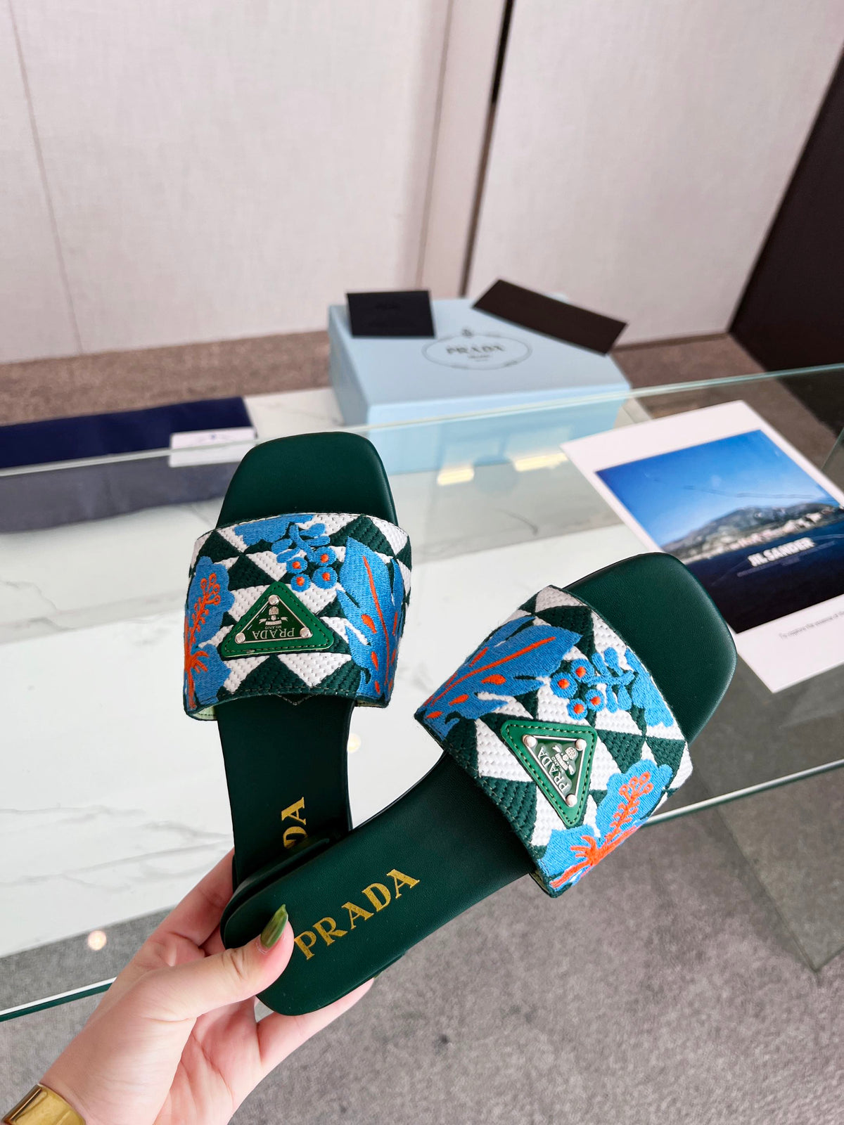 PRA EMBROIDERED SLIDES FLAT CASTLETON GREEN FABRIC