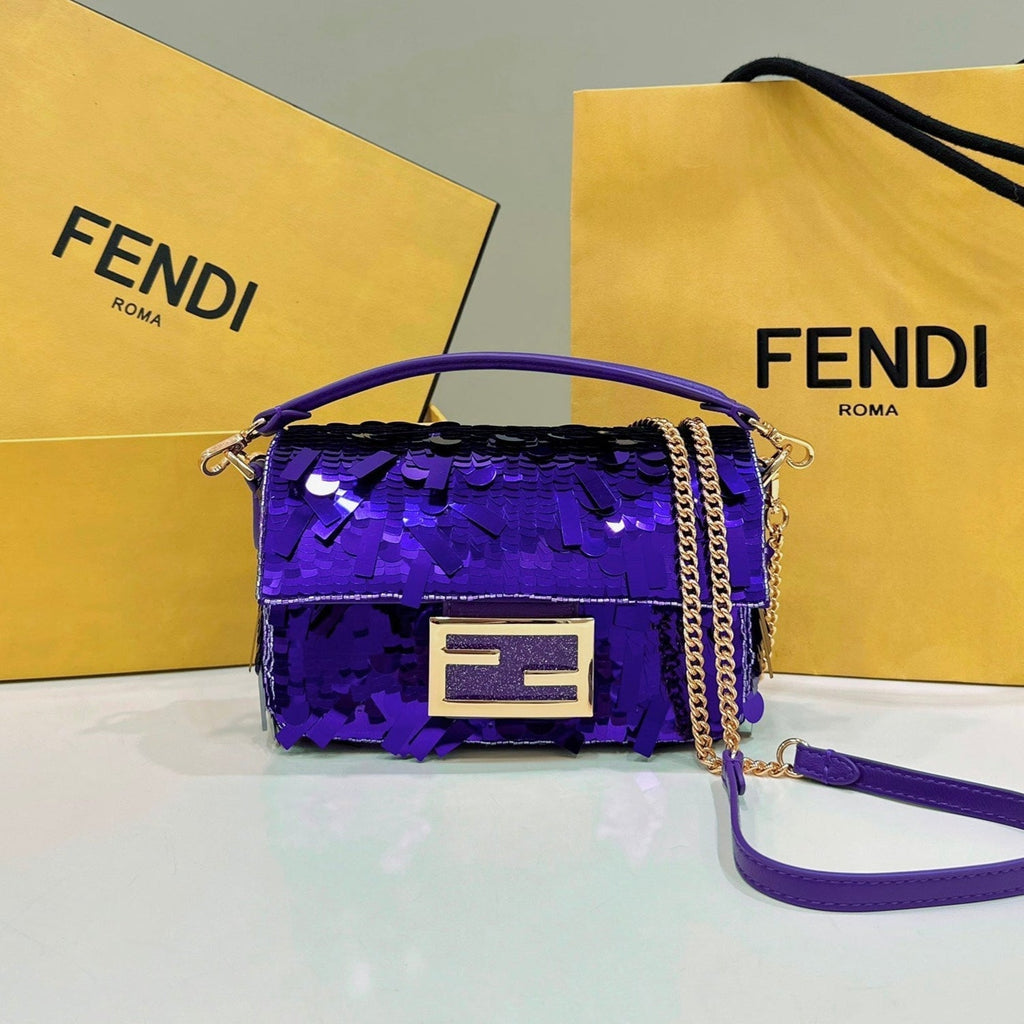 BAGUETTE MINI 19 IN GRAPE JELLY SEQUINS GOLD HARDWARE