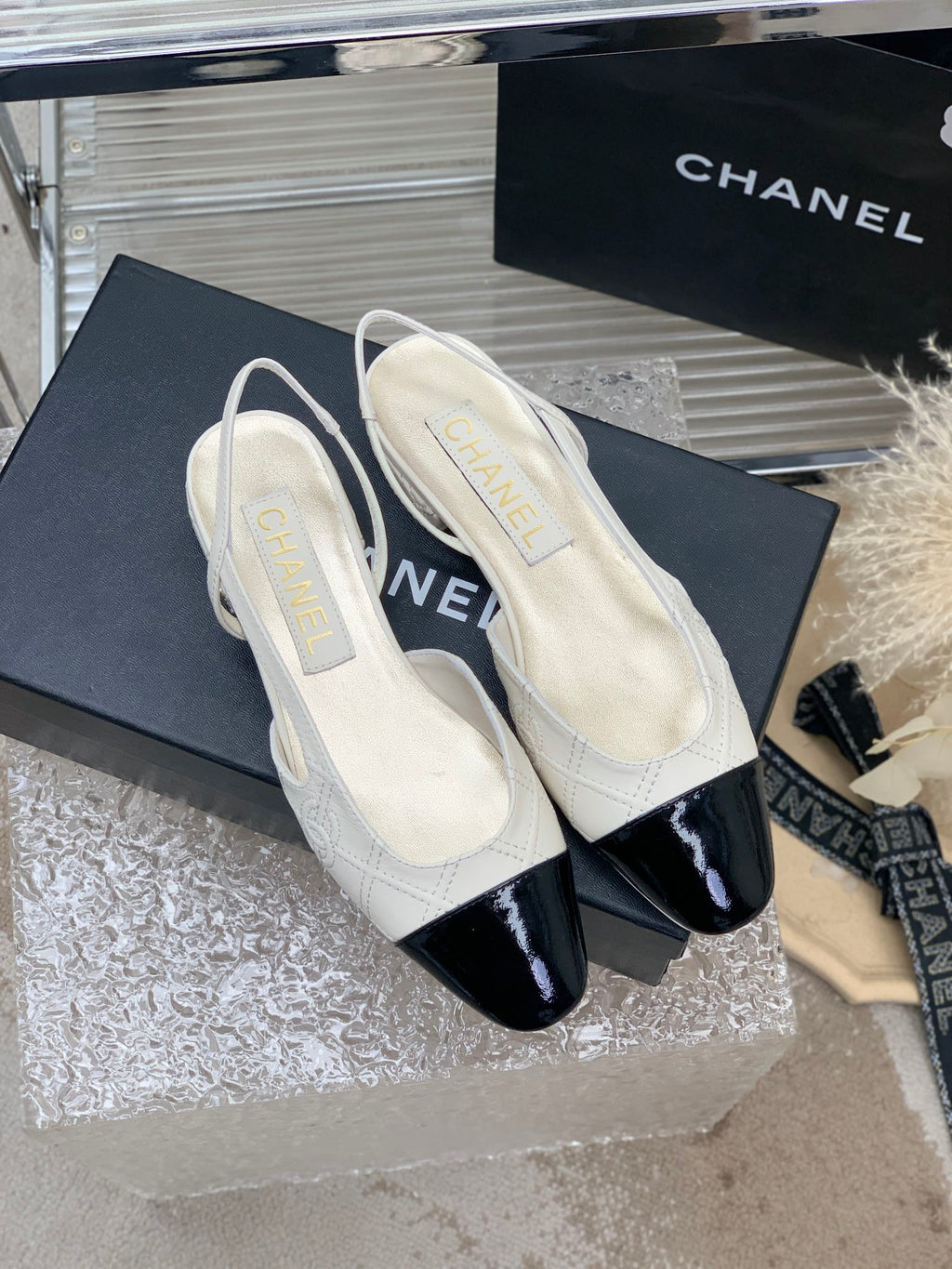 SLINGBACKS 20 WHITE MIX BLACK CALFSKIN