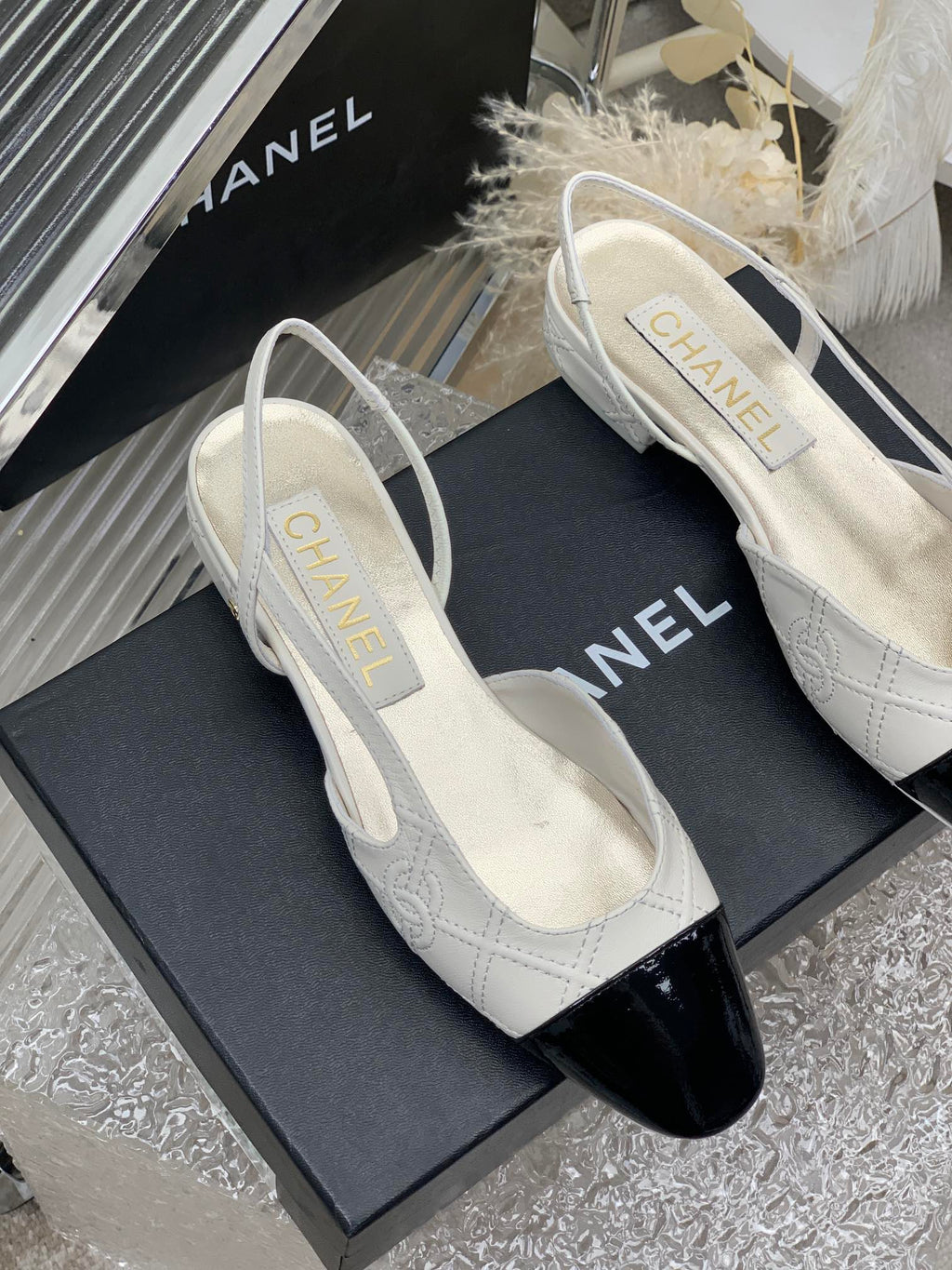 SLINGBACKS 20 WHITE MIX BLACK CALFSKIN