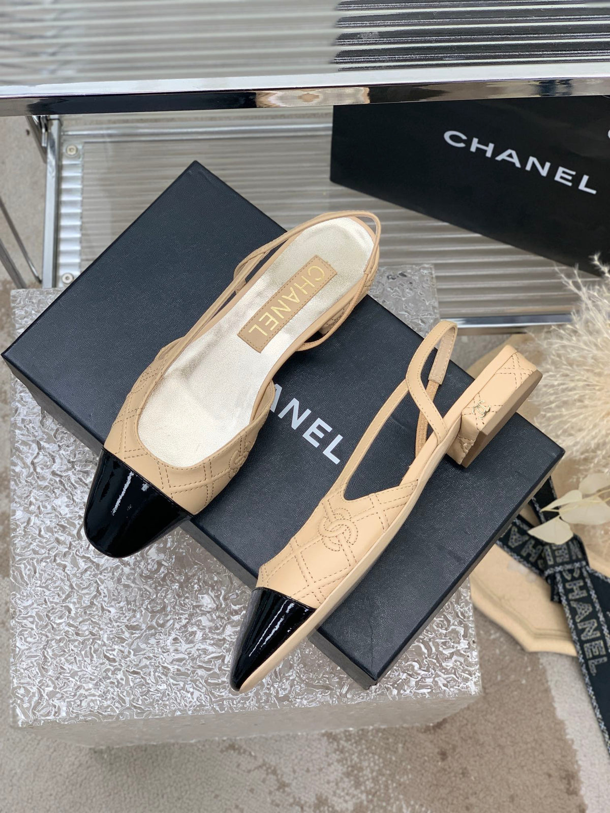 SLINGBACKS 20 BEIGE CREAM MIX BLACK CALFSKIN