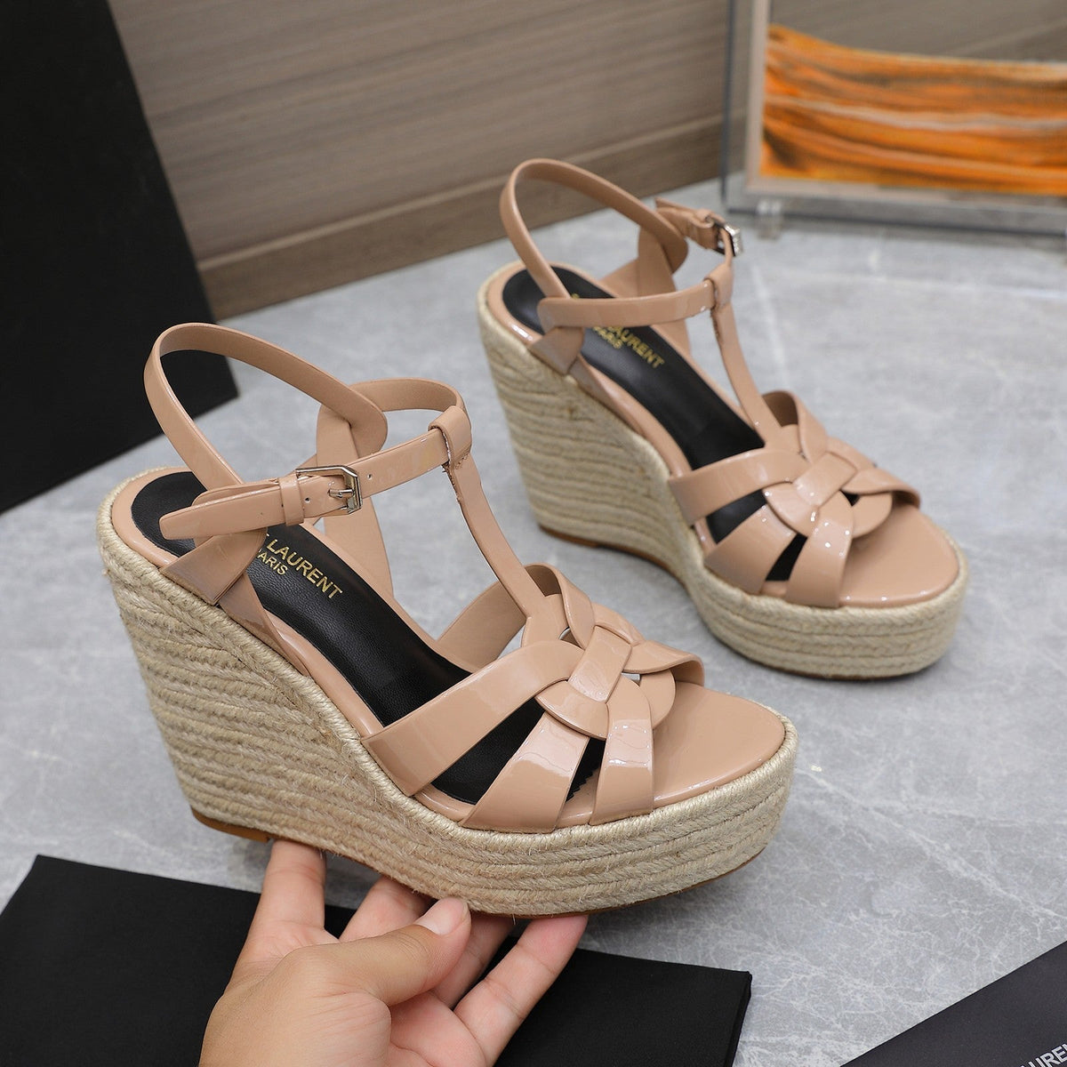 SL TRIBUTE WEDGE SANDALS PINK NUDE POLISHED CALFSKIN