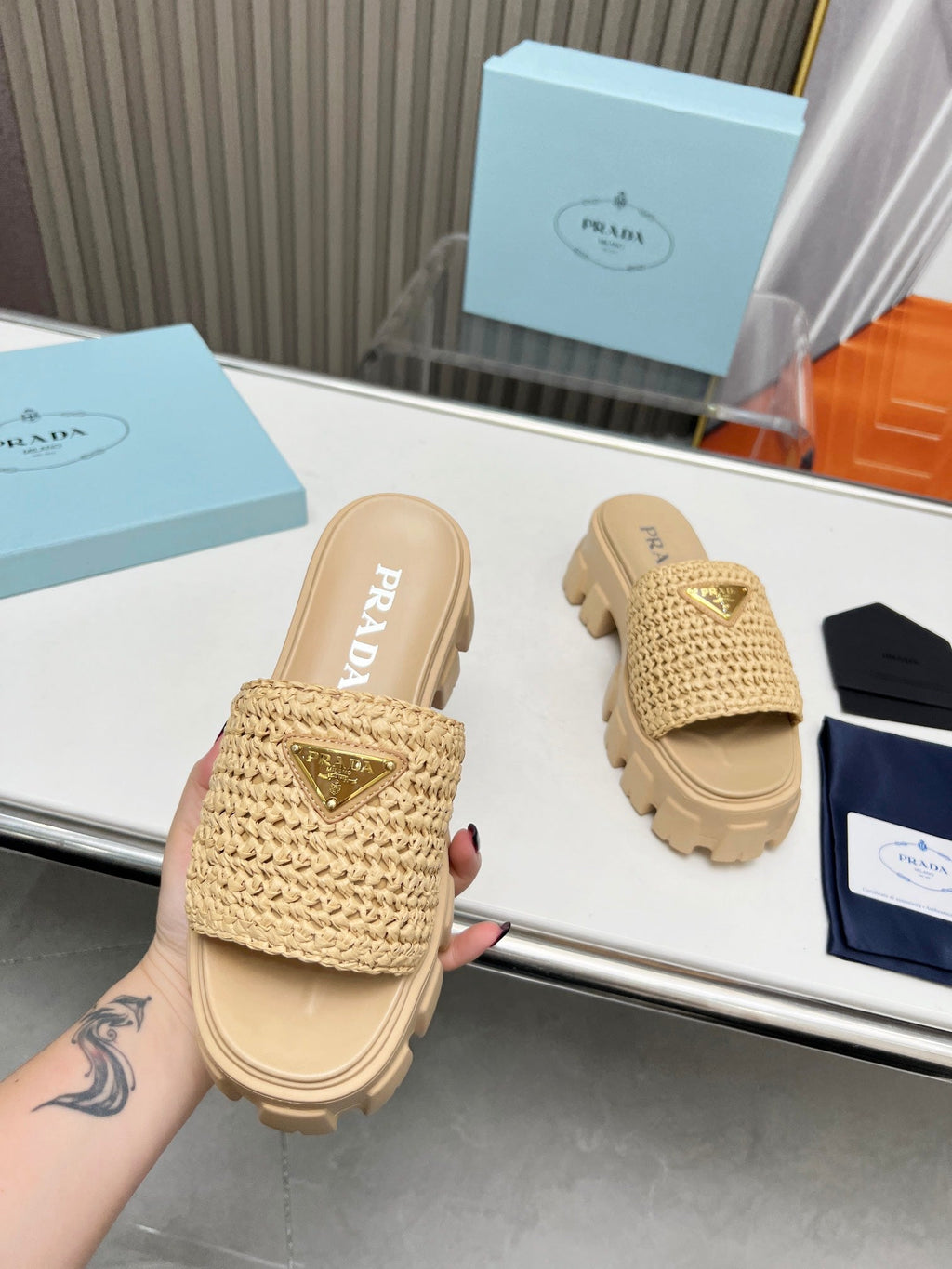 PRA THICK-SOLED CROCHET SANDALS BEIGE WOVEN FABRIC