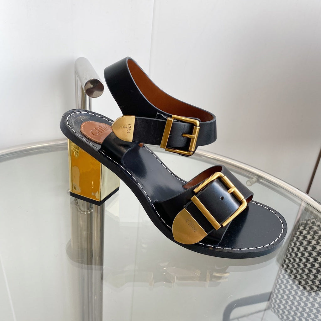 REBECCA LOW HEELED SANDAL IN BLACK LAMBSKIN GOLD HARDWARE