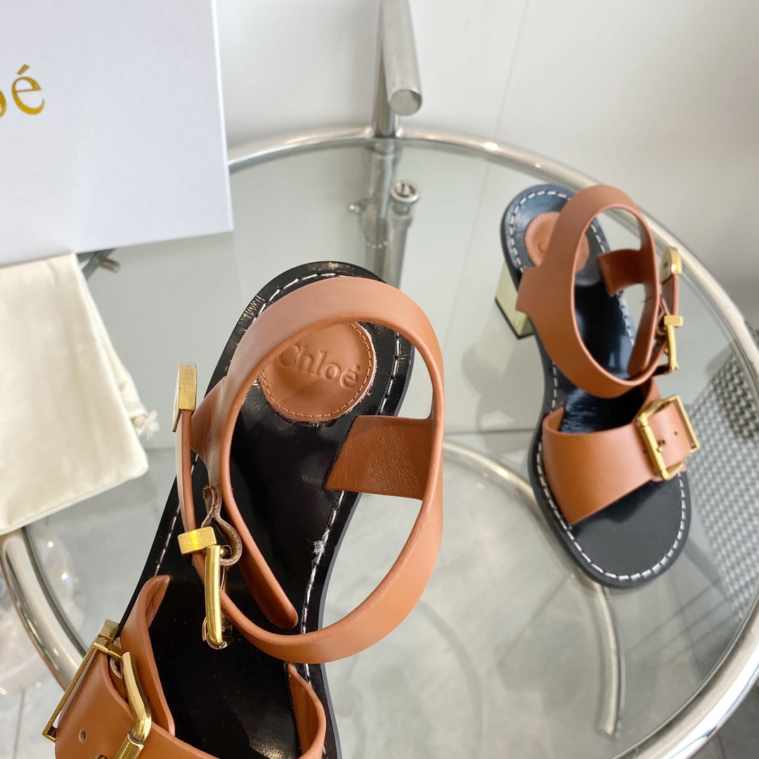 REBECCA LOW HEELED SANDAL IN CINNAMON BROWN LAMBSKIN GOLD HARDWARE