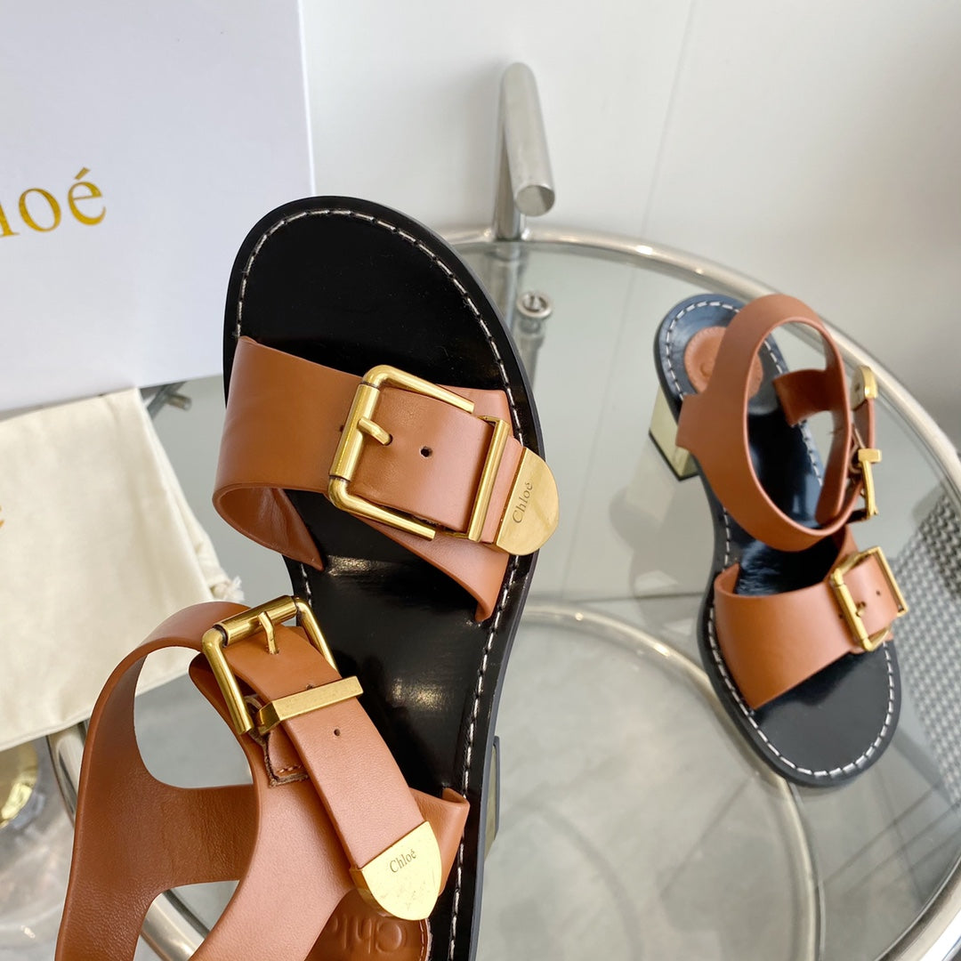 REBECCA LOW HEELED SANDAL IN CINNAMON BROWN LAMBSKIN GOLD HARDWARE